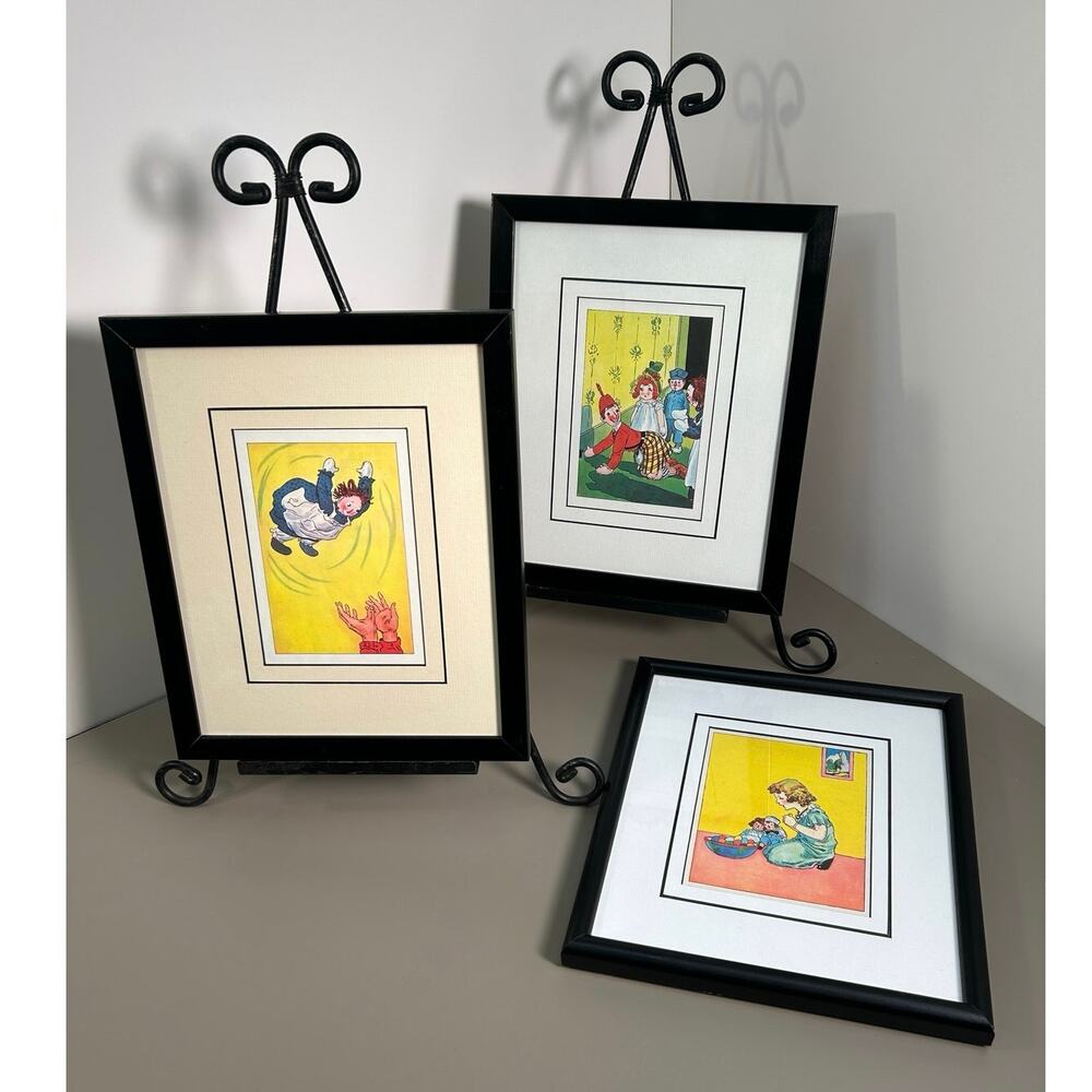 Midcentury graphics Raggedy Ann doll classic book art custom framed lot of 3